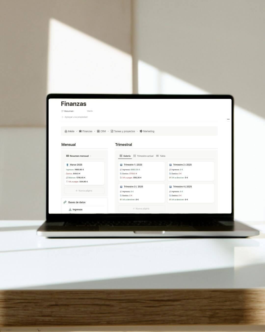 Módulo de finanzas de Negotion — ingresos, gastos e IVA en Notion