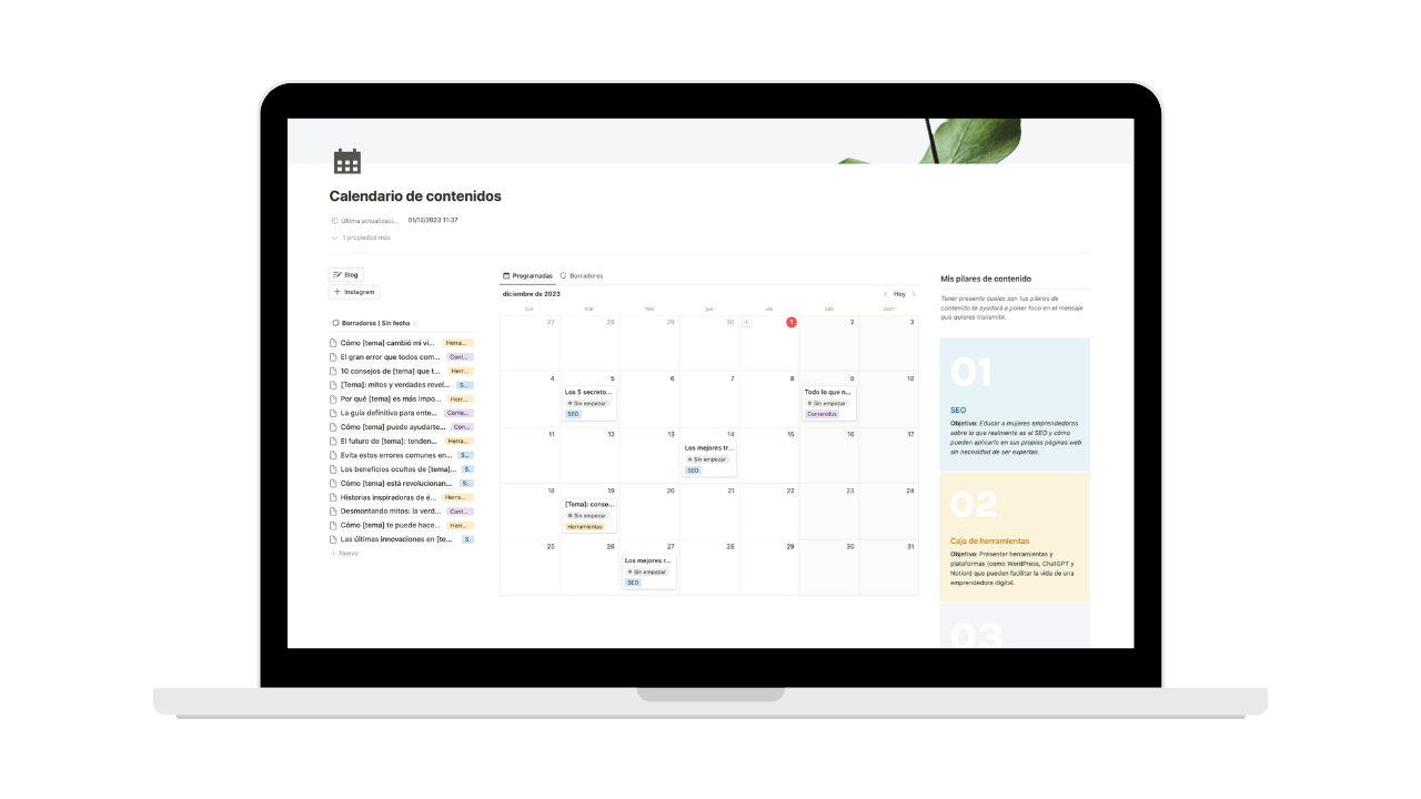 Calendario de contenidos en Notion